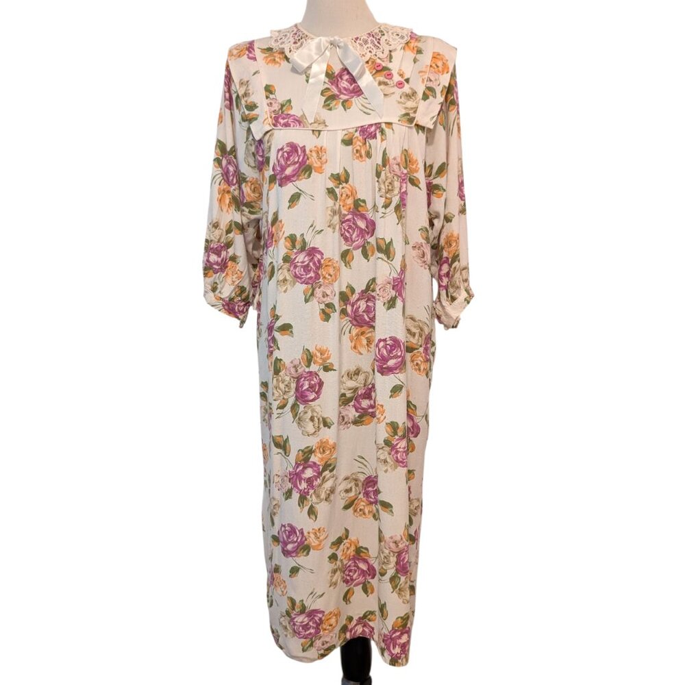 Vintage Cottagecore Womens Size M? Floral Lace Bow Neck Nightgown Dress No Belt